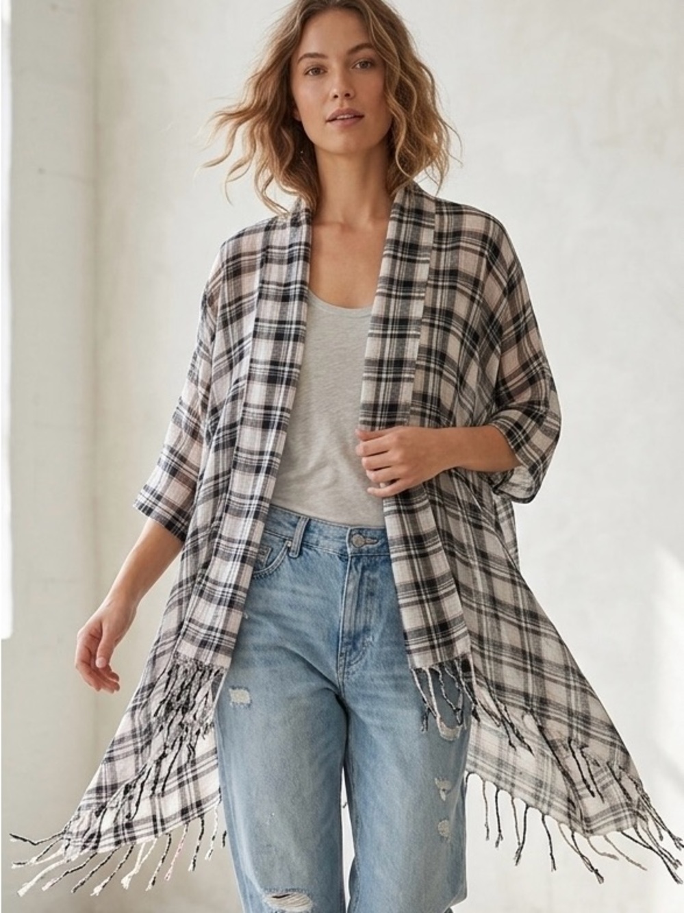 Coverup in Plaid Black & White Open-Front Fringe